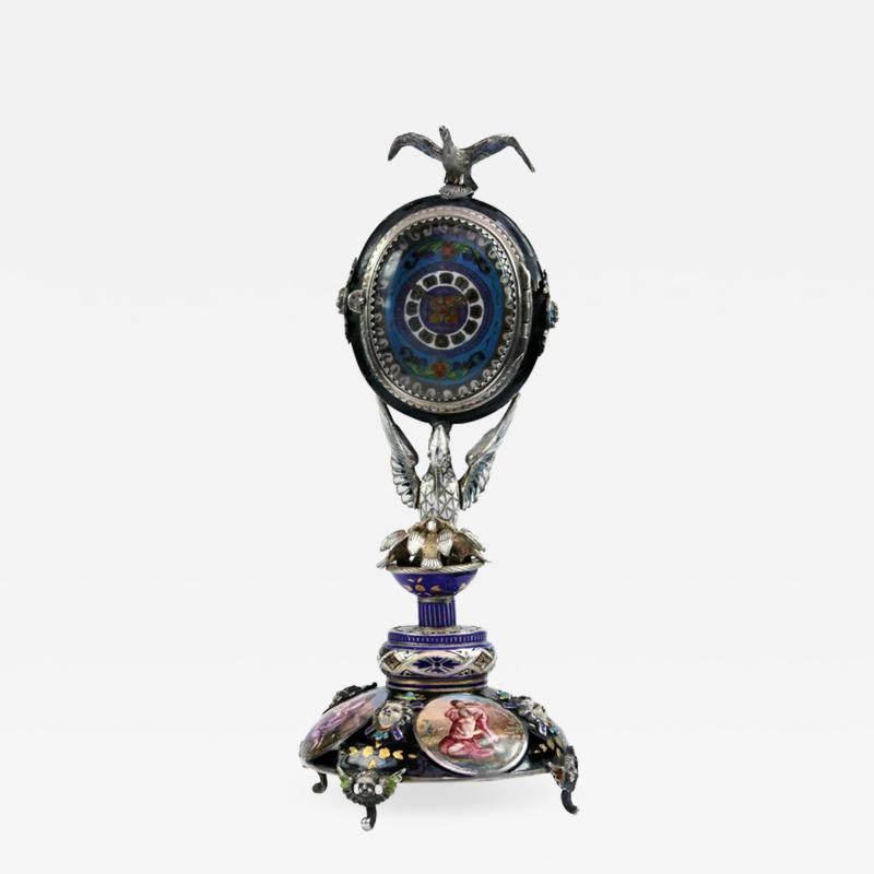 Silver and Viennese Enamel Clock with Eagle by Hermann Bohm