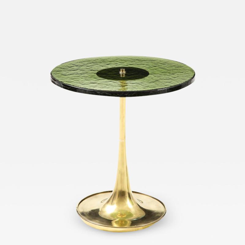 Single Round Green Murano Glass and Brass Martini or Side Table Italy