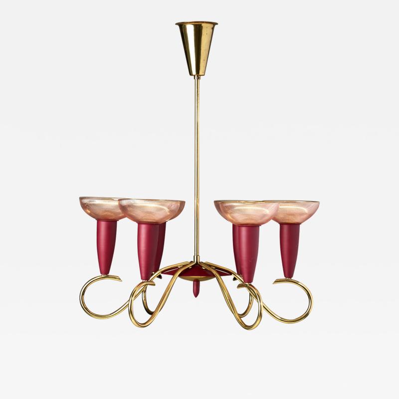 Six Arm Brass and Metal Chandelier Scandinavia 1960s