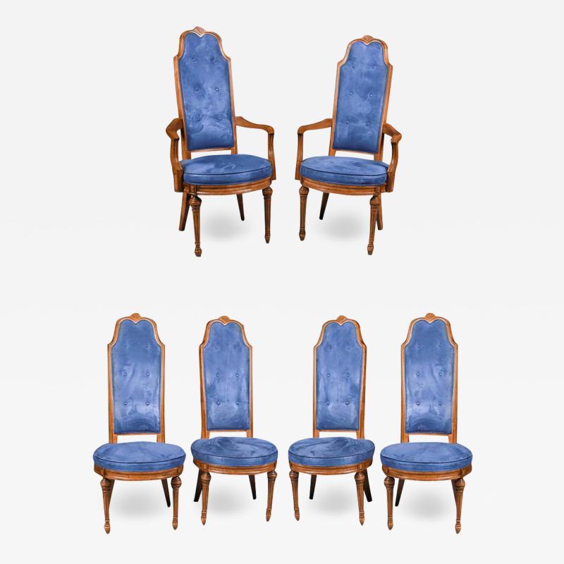 Six French Louis XVI High Back Blue Velvet Walnut Dining Chairs