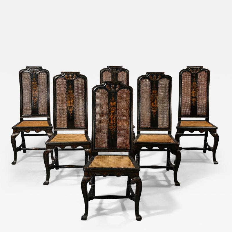 Six Queen Anne Black Lacquer Japanned Side Chairs