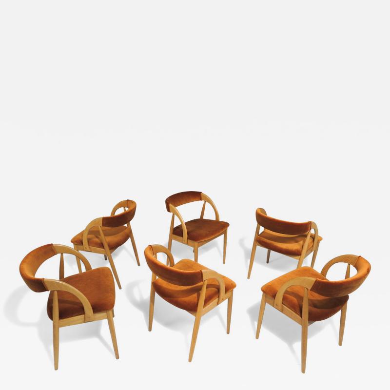 Six Scandinavian White Oak Dining Chairs Upholstered in Orange Velvet