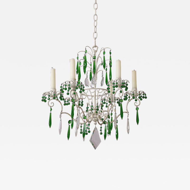 Six light ceiling light in painted tole with green and clear crystal drops