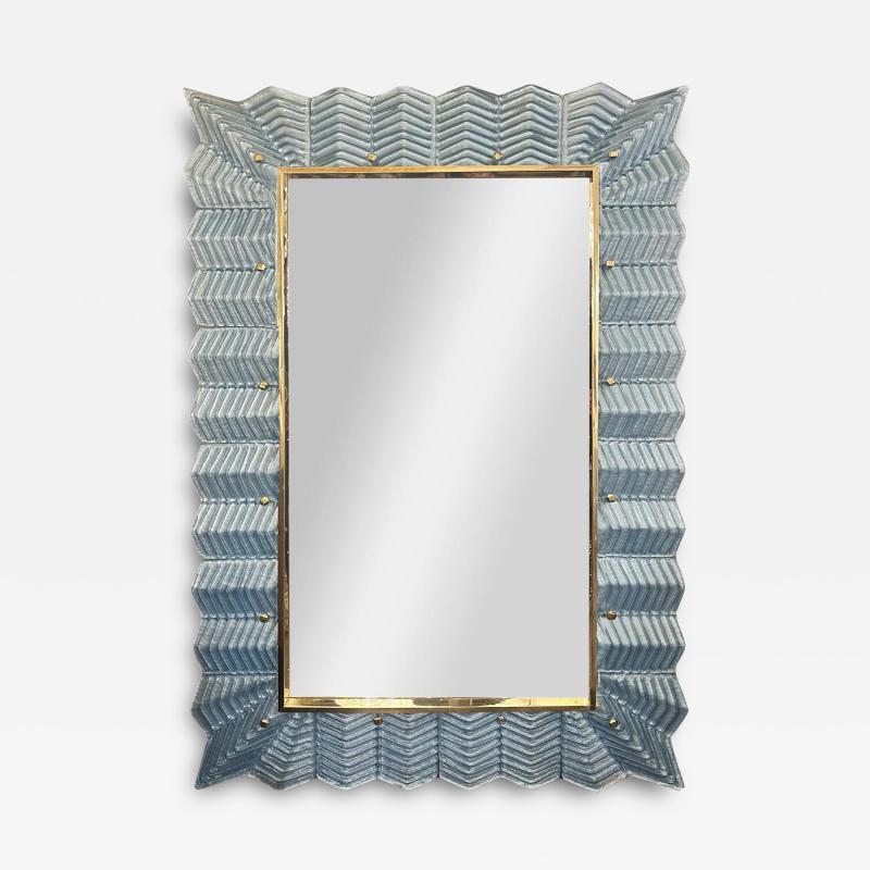 Sky Blue Murano Glass and Polished Brass Mirror