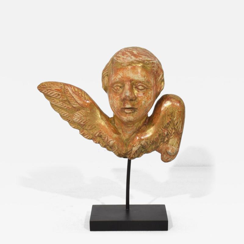 Small 18th Century French Baroque Carved Giltwood Angel Head on Wings