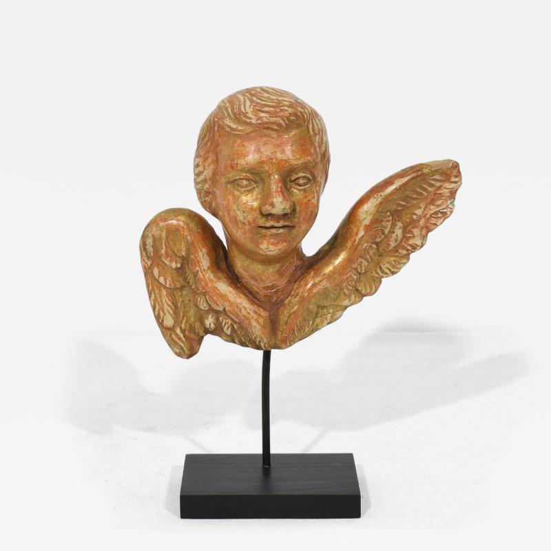 Small 18th Century French Baroque Carved Giltwood Angel Head on Wings