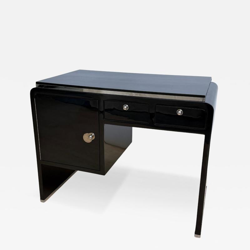 Small Art Deco Desk Black Lacquer Nickel Birds Eye Maple France circa 1930