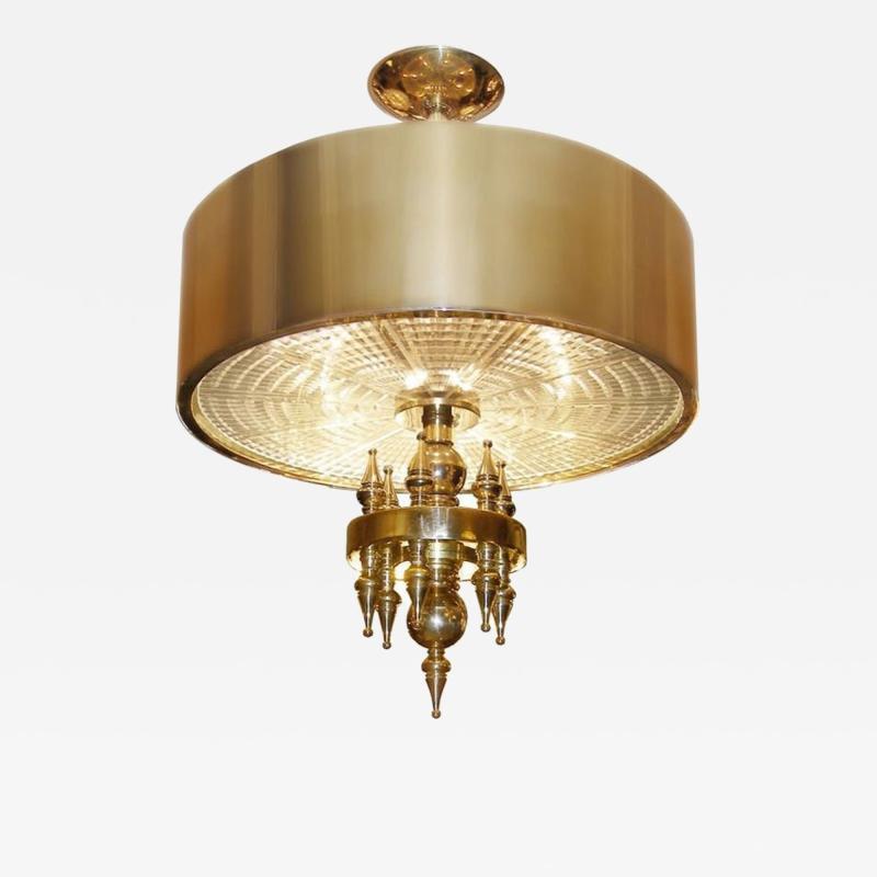 Small Hollywood Regency Style Brass Pendant Chandelier Starburst Etched Glass