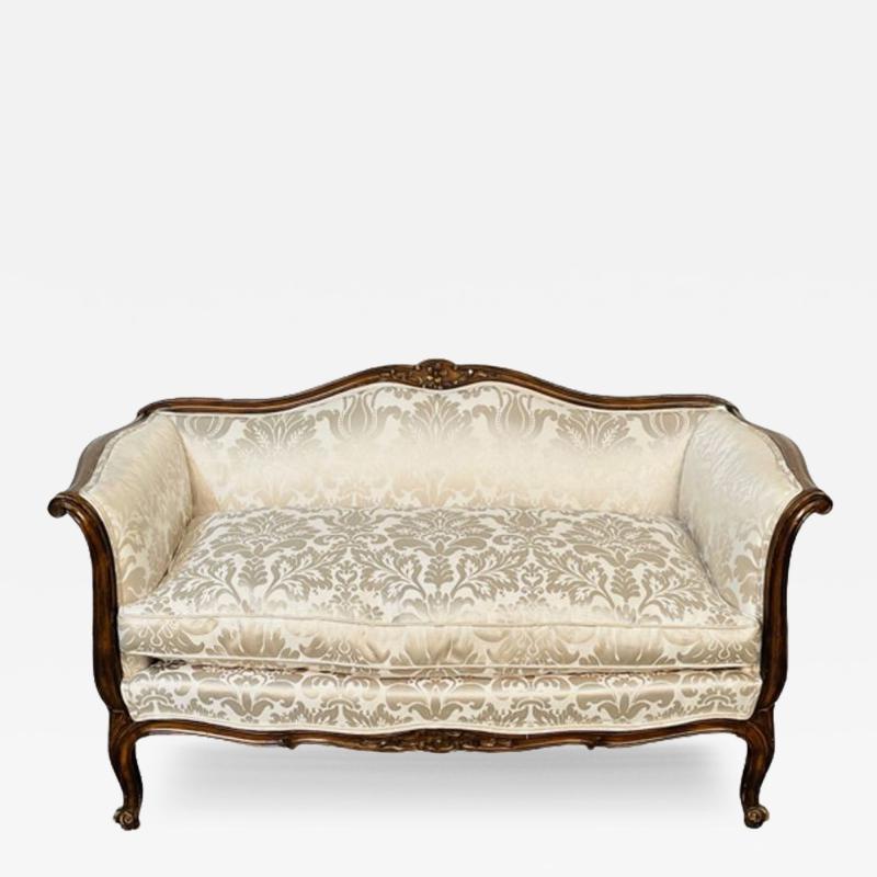 Small Louis XV Mahogany Carved Settee Sofa Floral Silk Upholstery