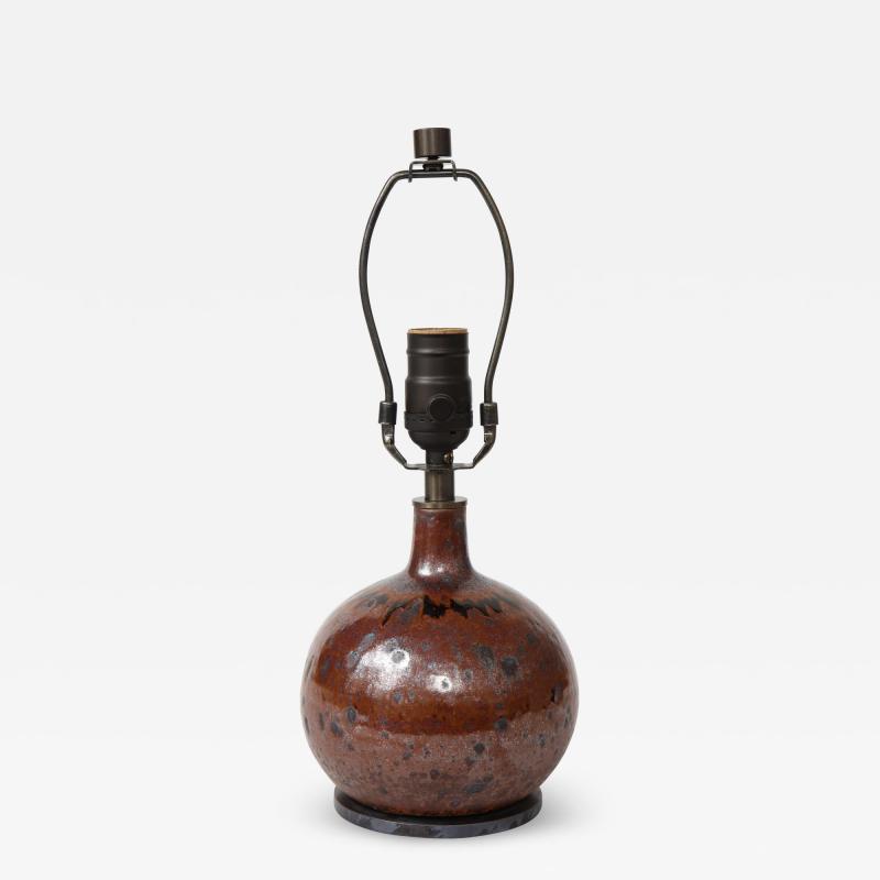 Small Round Mid Century Brown Ceramic Lamp France c 1960s