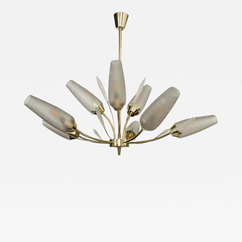 Smaller Mid Century Italian Conical Shaped Glass Brass Chandelier