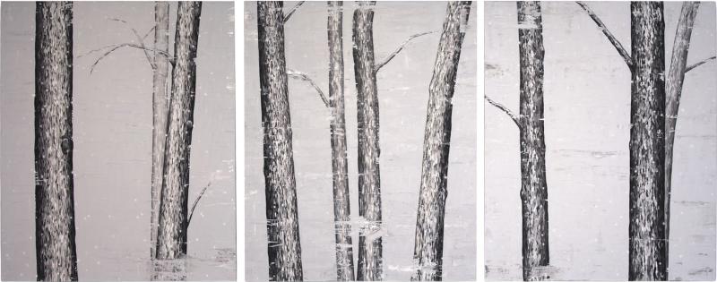 Snowy Forest Tryptich Trio of Douglas Cartmel Abstract Oil Paintings on Linen