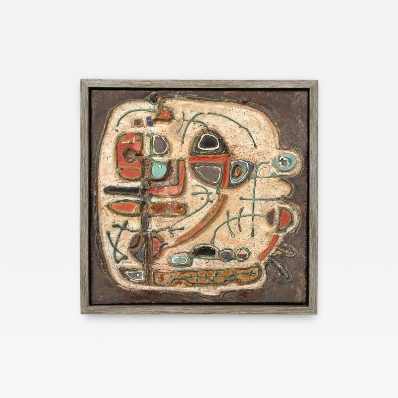 Sofia Kisselov Mid Century Abstract Israeli Earthenware Plaque in Burnt Umber Cream Red Hues