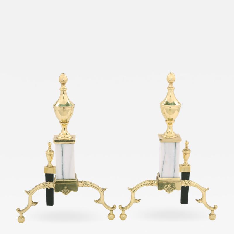 Solid Brass Marble Pair Regency Style Andirons