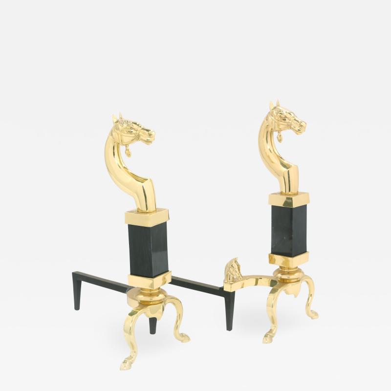 Solid Brass Marble Pair Regency Style Andirons