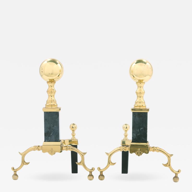 Solid Brass Marble Pair Regency Style Andirons