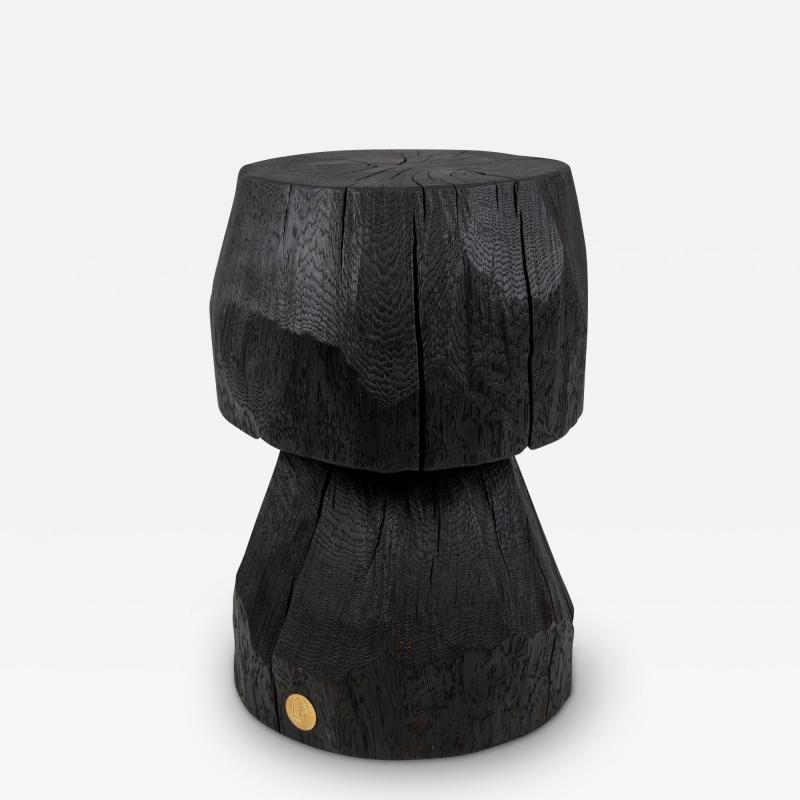 Solid Burnt Wood Brutalist Sculptural Side Table Pedestal Unique Jownik