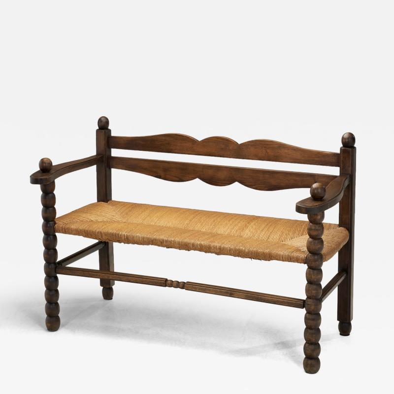 Solid Oak Bench With Turned Legs and a Woven Straw Seat France 20th Century