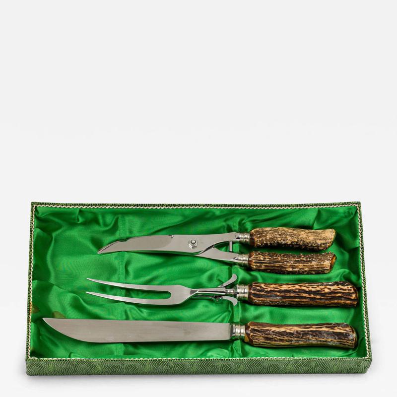Solingen Othello Germany 3 Piece Rustic Horn Handle Silver Carving Utensil Set