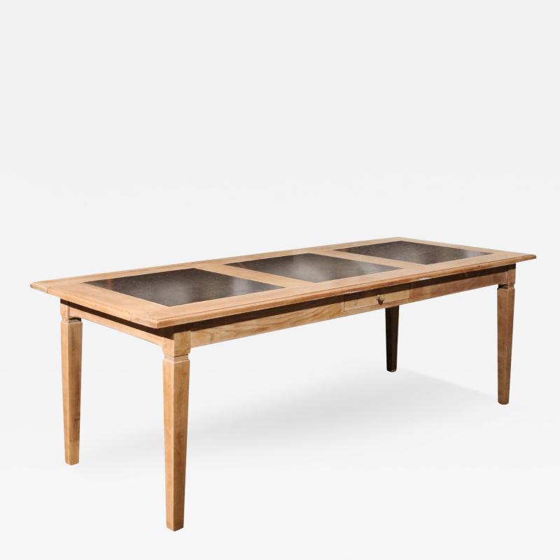Southern French Midcentury Natural Oak Dining Table with Fossil Black Marble Top