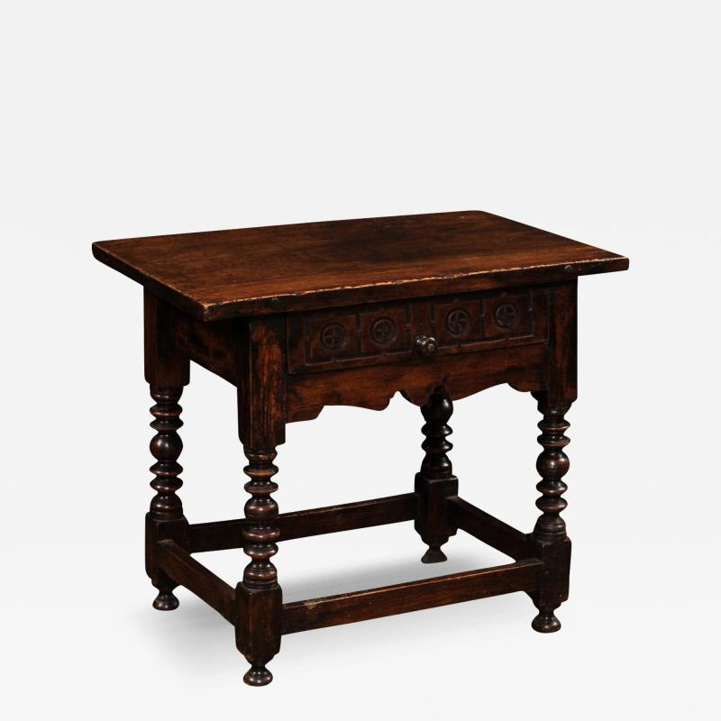 Spanish 1770s Walnut Side Table with Spool Legs and Rosettes Carved Drawer