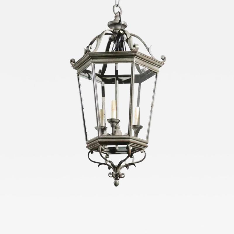 Spanish 1910s Bronze and Glass Hexagonal Lantern with Three Lights and Volutes