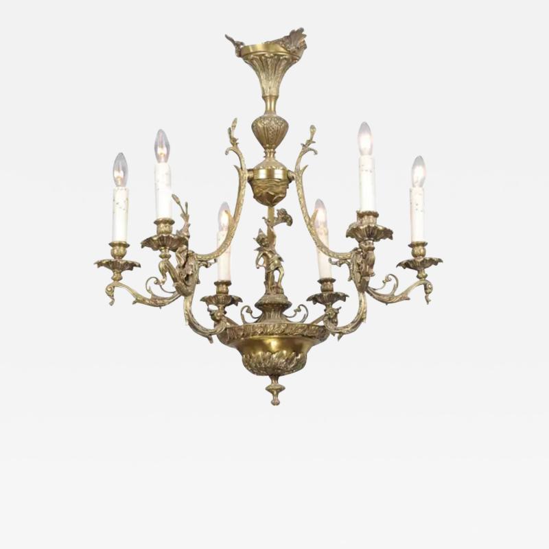 Spanish 19th Century Bronze Six Light Chandelier with Cherubs and Floral Decor