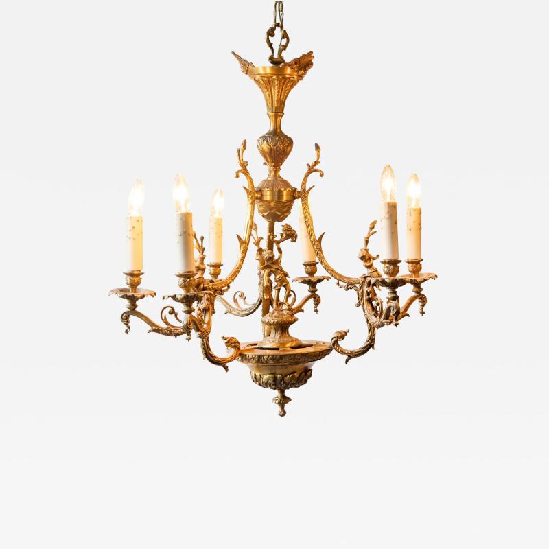 Spanish 19th Century Bronze Six Light Chandelier with Cherubs and Floral Decor