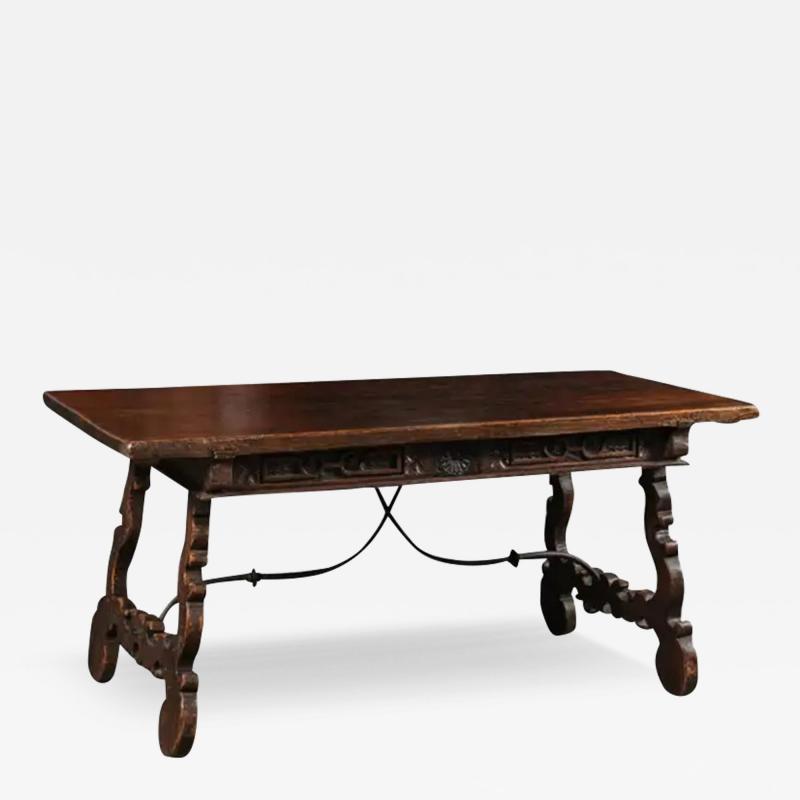 Spanish Baroque 1750s Walnut Fratino Table with Drawers and Iron Stretchers