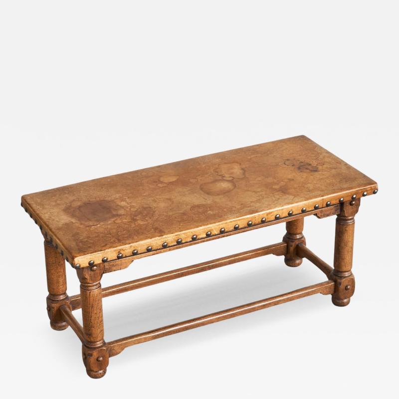 Spanish Brutalist Coffee Table in Solid Oak Metal and Patinated Leather 1940s