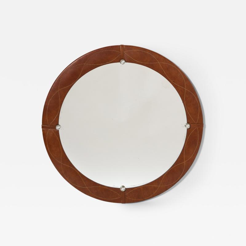 Spanish Modernist Circular Leather Mirror Spain circa 1960