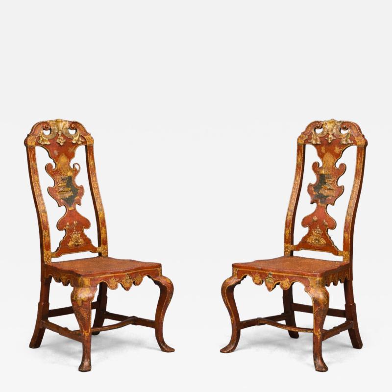 Spanish Rococo Red Lacquer and Parcel Gilt Chinoiserie Decorated Side Chairs