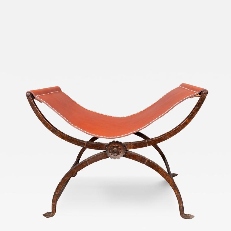 Spanish Style Wrought Iron And Leather Bench