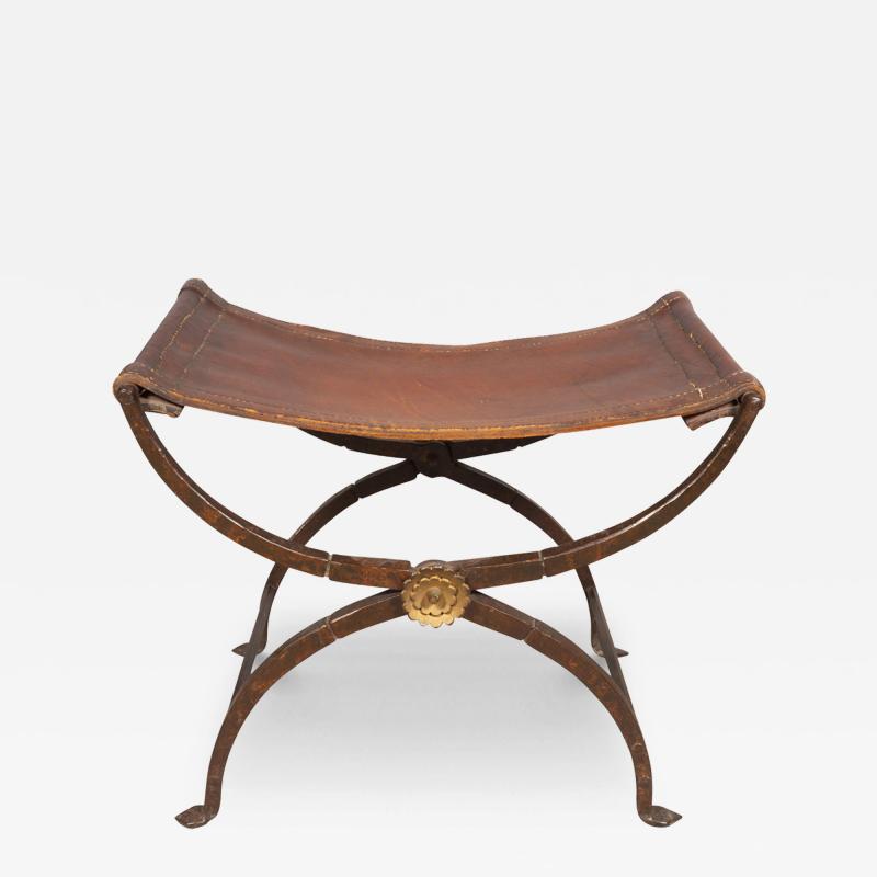 Spanish Wrought Iron and Leather Bench