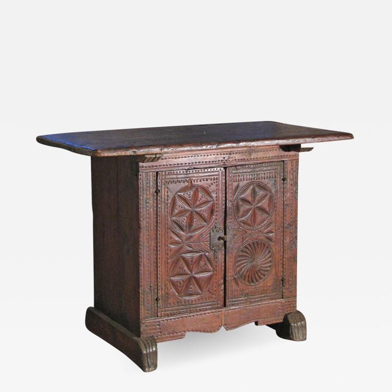 Spanish late 17th Century Chip Carved Cabinet and Table