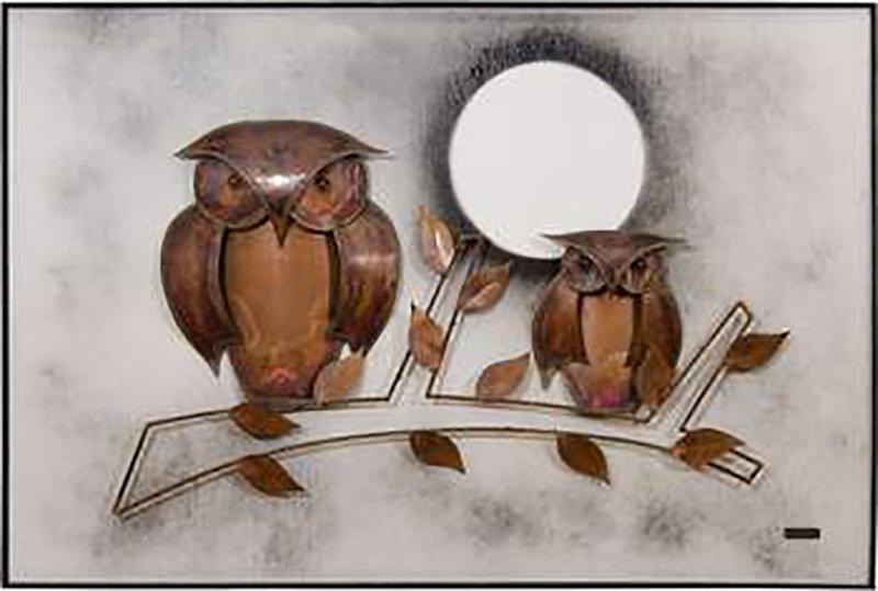 Spectacular Midcentury Signed Oil on Board with Hand Formed Copper Owls