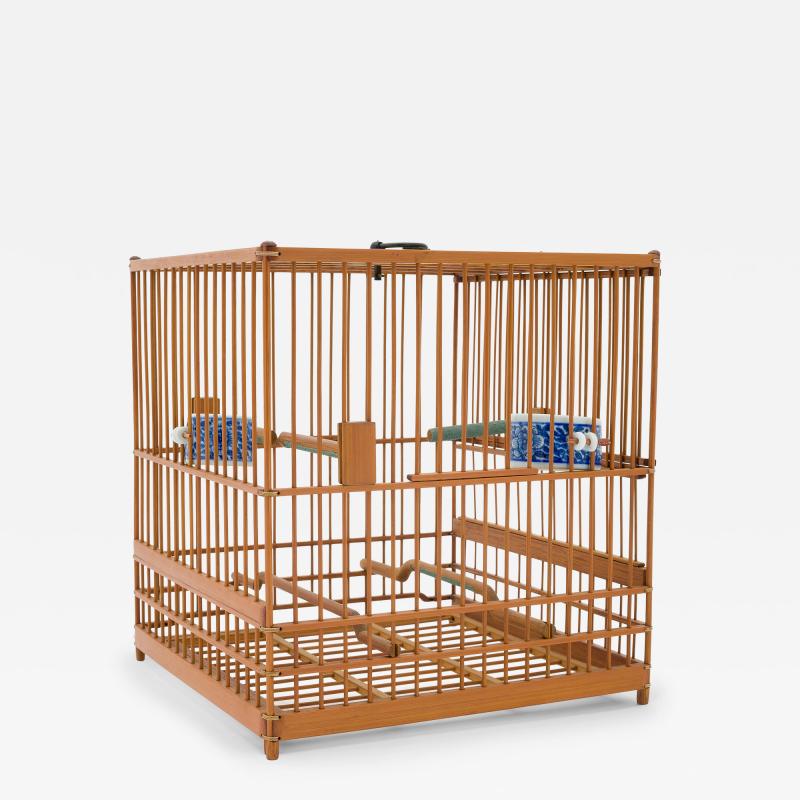 Square Bamboo Birdcage with Blue White Waterpots