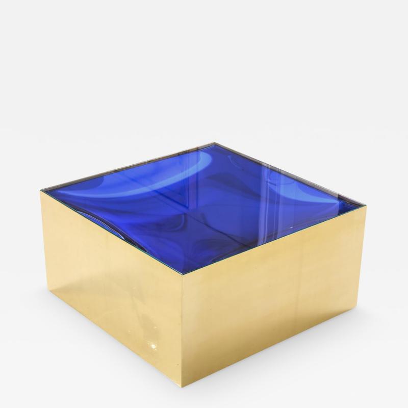 Square Brass Cocktail Coffee Table with Cobalt Blue Optical Glass Insert Italy