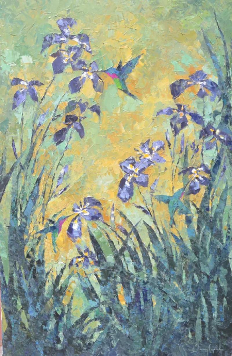 Stacey Conridge Purple Iris and Hummingbirds