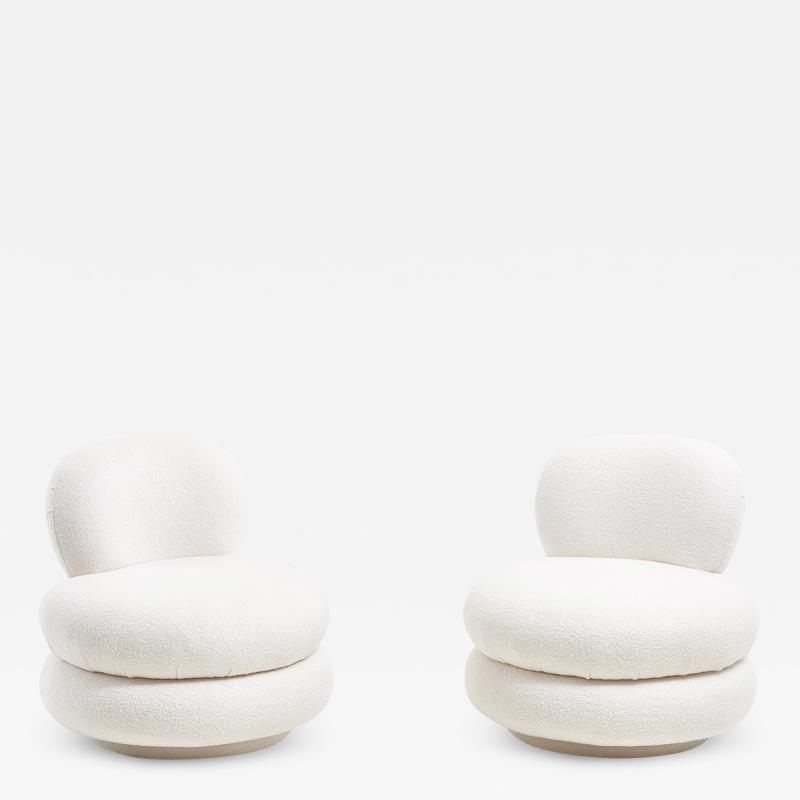 Stacked Pouf Swivel Lounge Chairs in White Boucle
