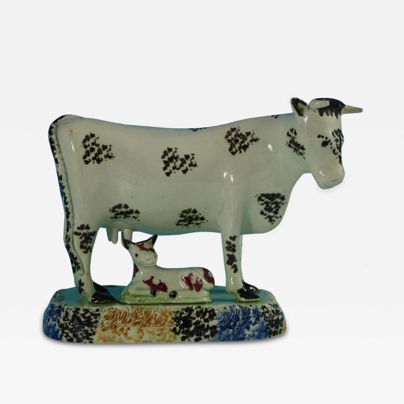 Staffordshire Yorkshire Pottery Prattware Cow Calf Group