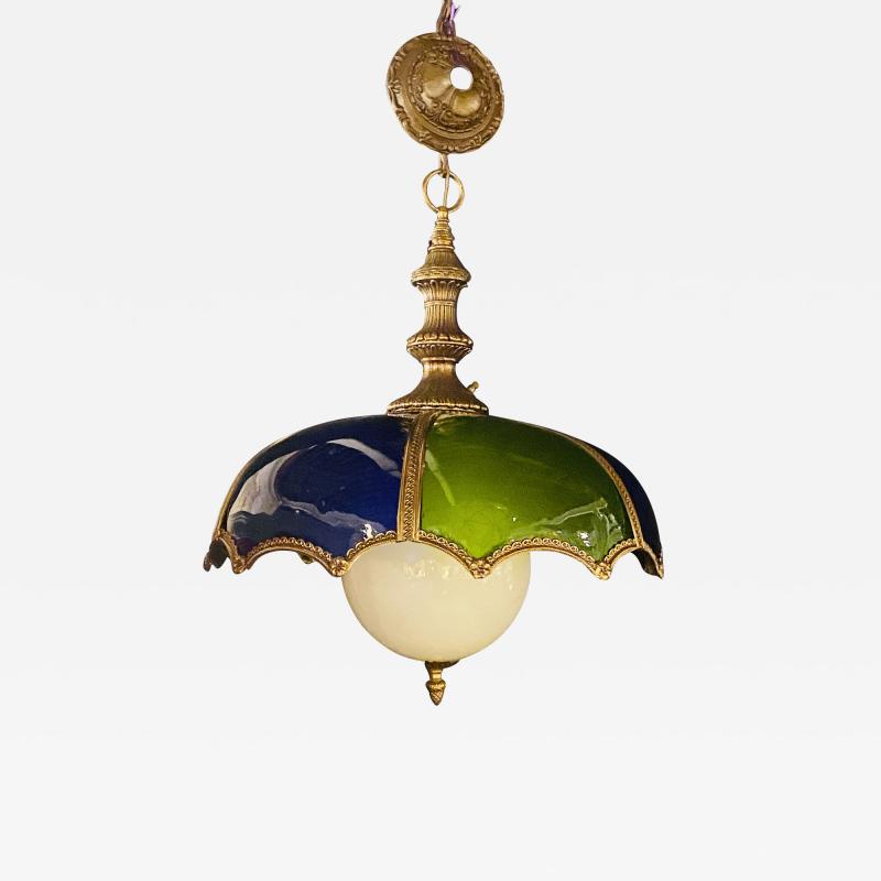 Stained Glass Dome Shaped Bronze Framed MCM Italian Light with Canopy