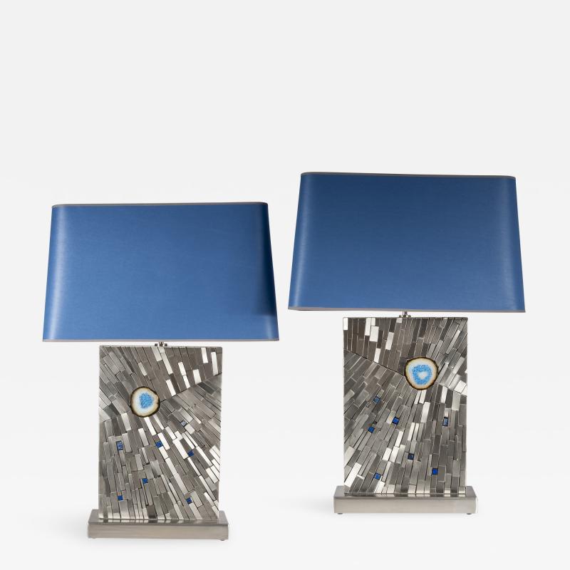 Stan Usel Pair of Table lamps in mosaic agate and lapis lazuli by Stan Usel