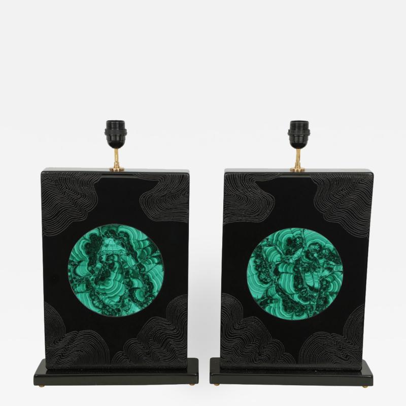 Stan Usel Pair of black resin and malachite table lamps by Stan Usel