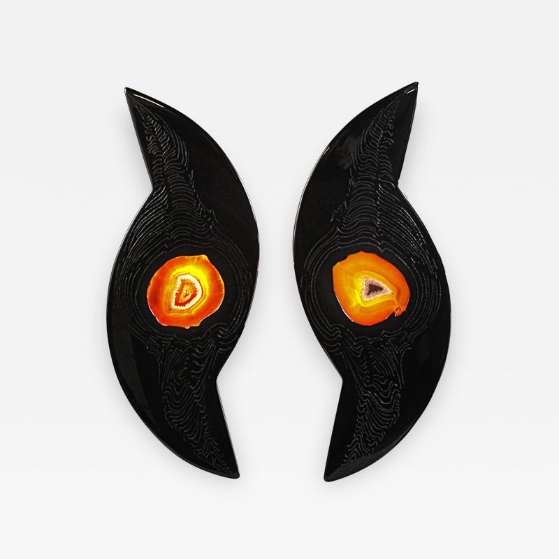 Stan Usel Pair of black resin sconces and agates by Stan Usel