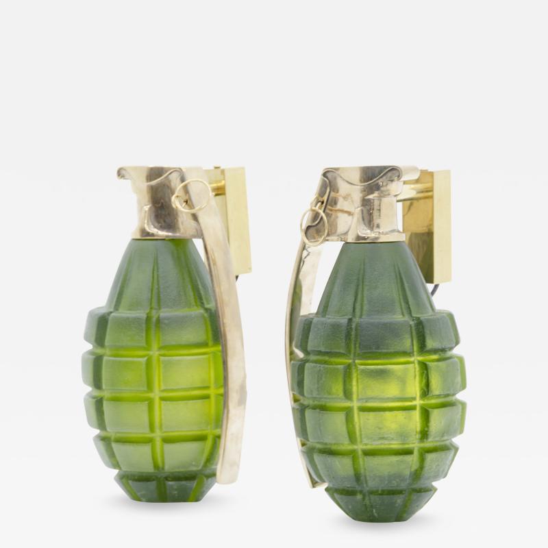 Stan Usel Pair of grenade sconces by Stan Usel green molten glass