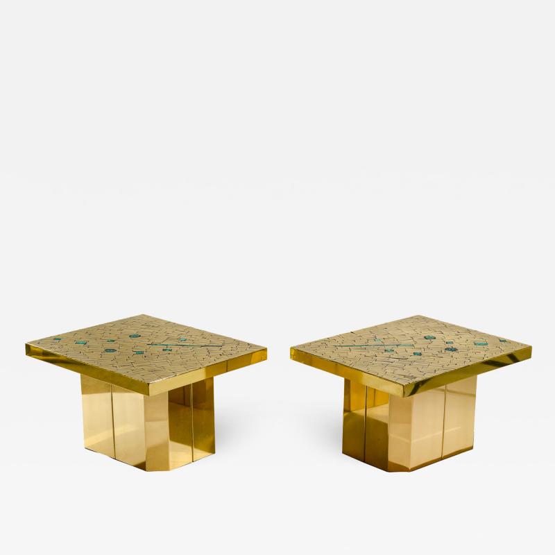 Stan Usel Pair of side table in mosaic brass and malachite by Stan Usel