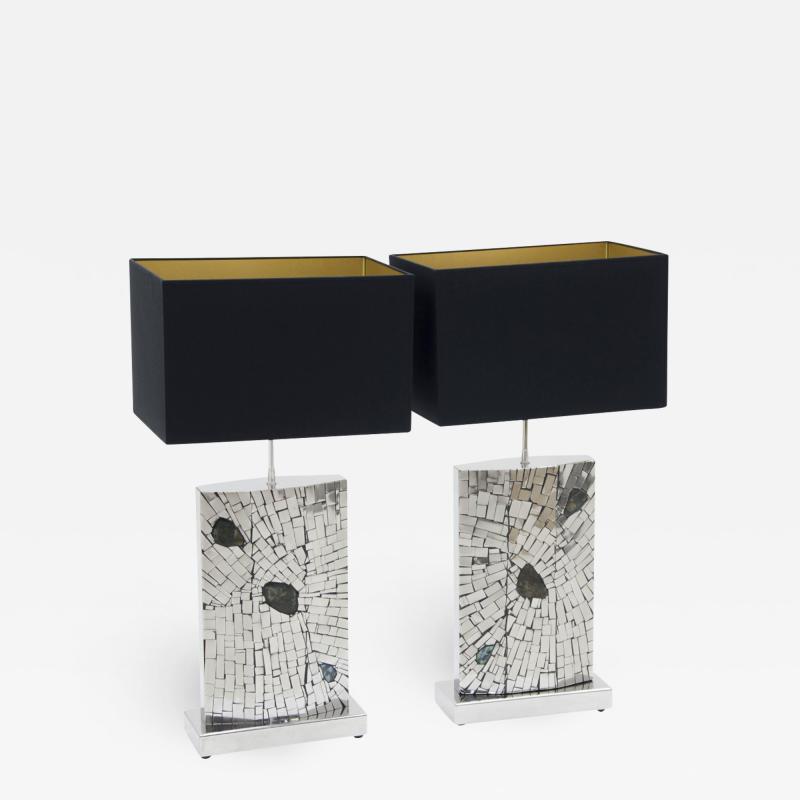 Stan Usel Pair of table lamps mosaic stainless steel inlaid Labradorite by Stan Usel 