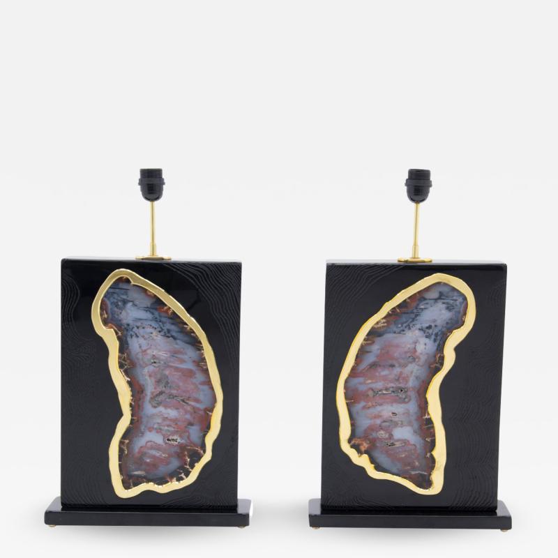 Stan Usel Pair of tables lamps black resin inlay huge agates by Stan Usel