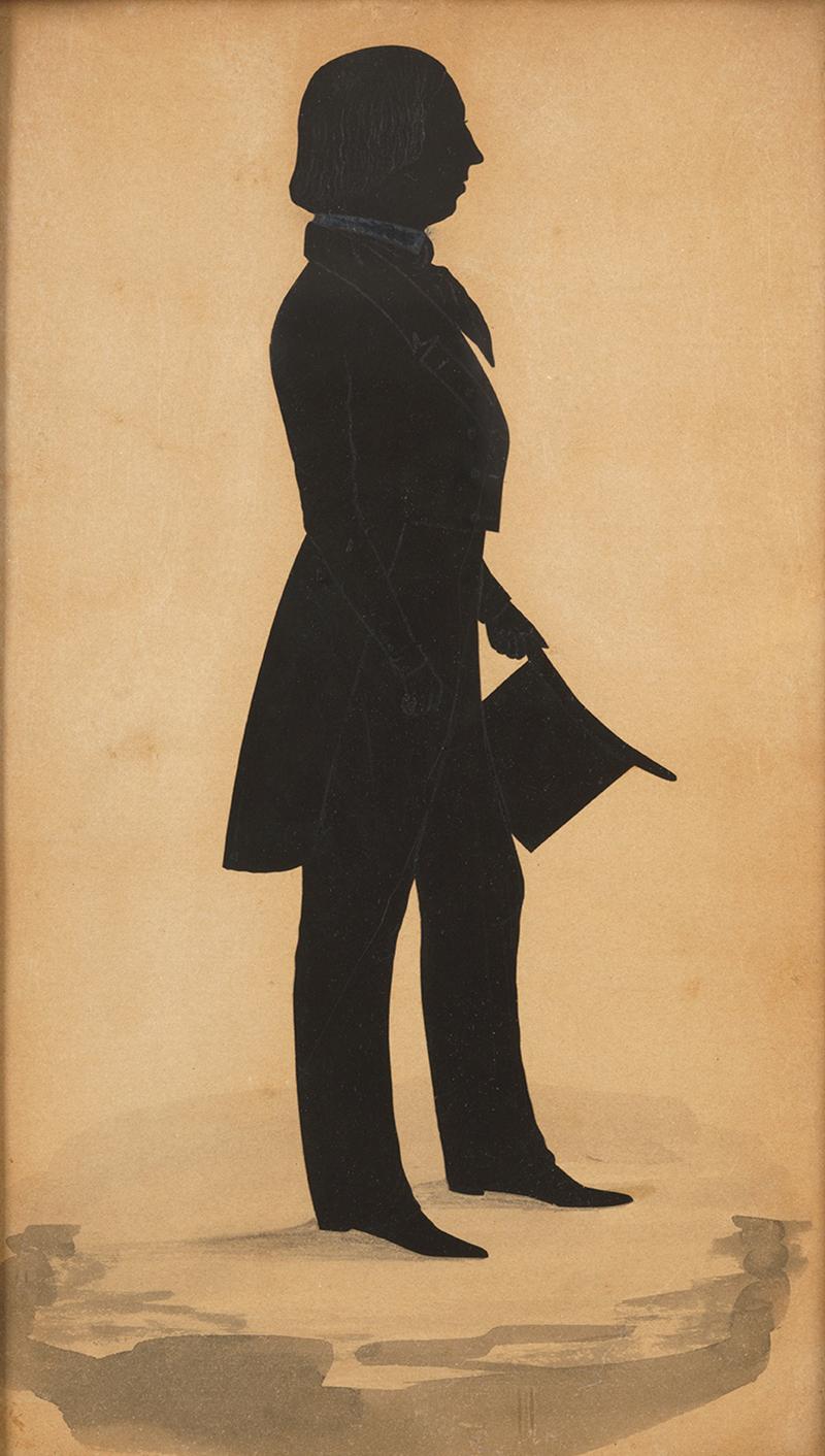 Standing gentleman in profile holding a top hat